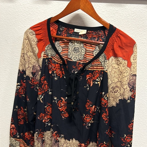 Anthropologie Meadow Rue Blossom Silk Peasant Top Large Blue Orange - Picture 5 of 12
